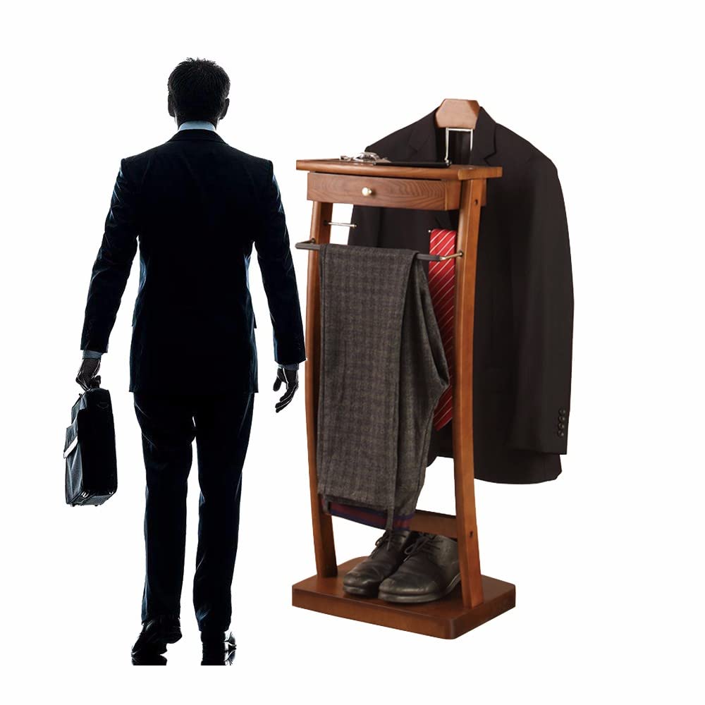 Premium Wooden Valet Stand for Men's Suits & Jackets - Coat Rack with Trouser Bar & Storage Tray - Space-Saving Organizer for Office, Living Room & Bedroom (44.4