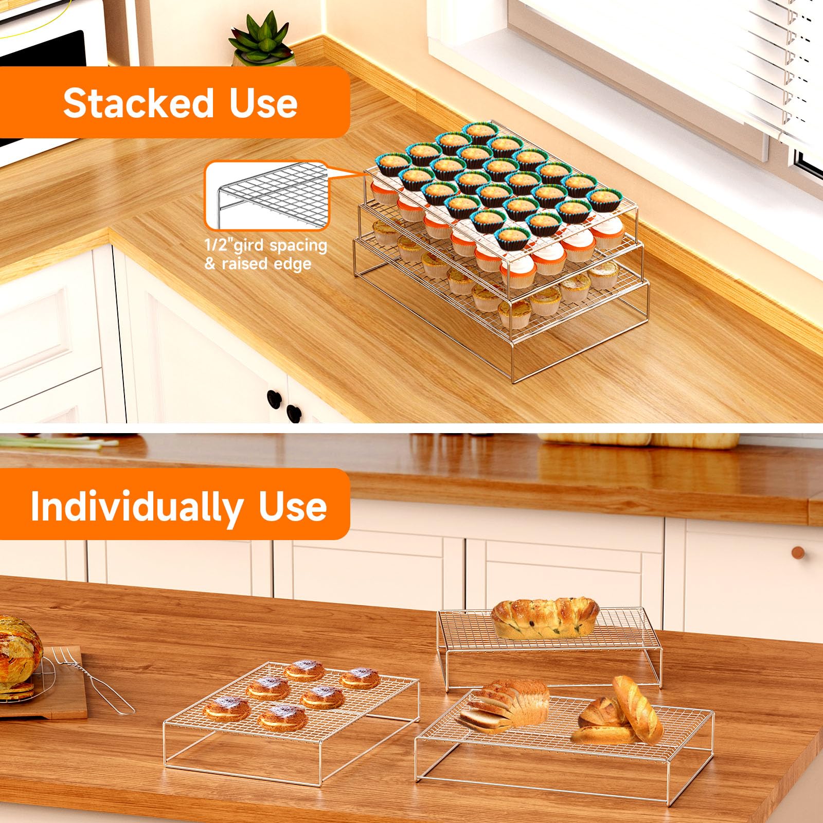 3-Tier Stackable Stainless Steel Cooling Rack for Baking Cookies, Cakes & Bread - Oven & Dishwasher Safe (16.5 x 11.5 x 3.3 Inches) - Perfect for Kitchen Countertop, Pastry Cooling & Meal Prep