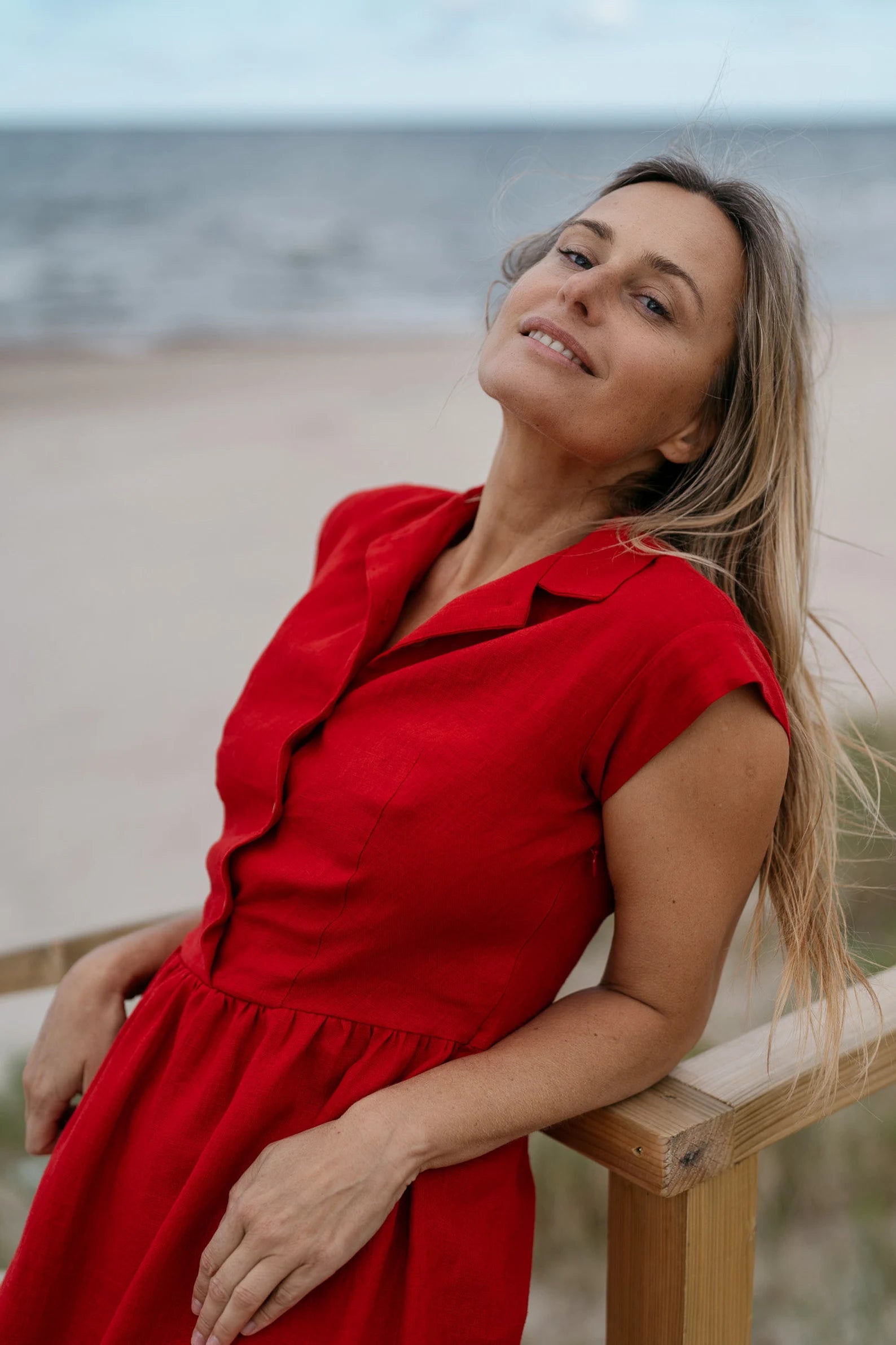 Elegant Red Fitted Linen Dress for Women - Cinderella Style Summer Dress for Casual Wear, Beach Outings, and Special Occasions