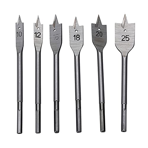 6pc Spade Drill Bit Set - HEX Shank 10/12/16/18/20/25mm Woodworking Drill Bits for Power Tools | Flat Wood Drills & Hole Saws for DIY Projects, Carpentry, and Home Improvement