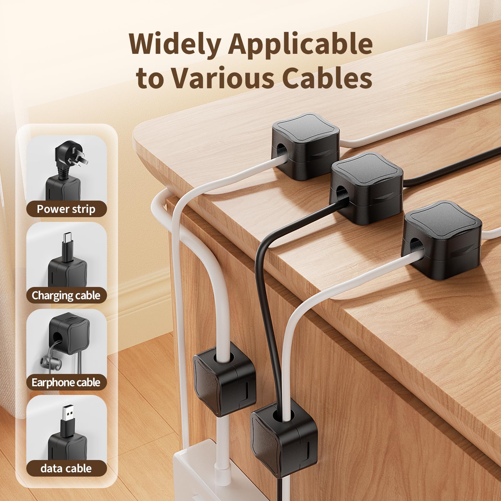 GlasFlength 6-Piece Magnetic Cable Clips with Self-Adhesive Backing - Cable Management Organizer for Charger, Table, Nightstand & Kitchen (Black) - Perfect for Home, Office & Travel Use