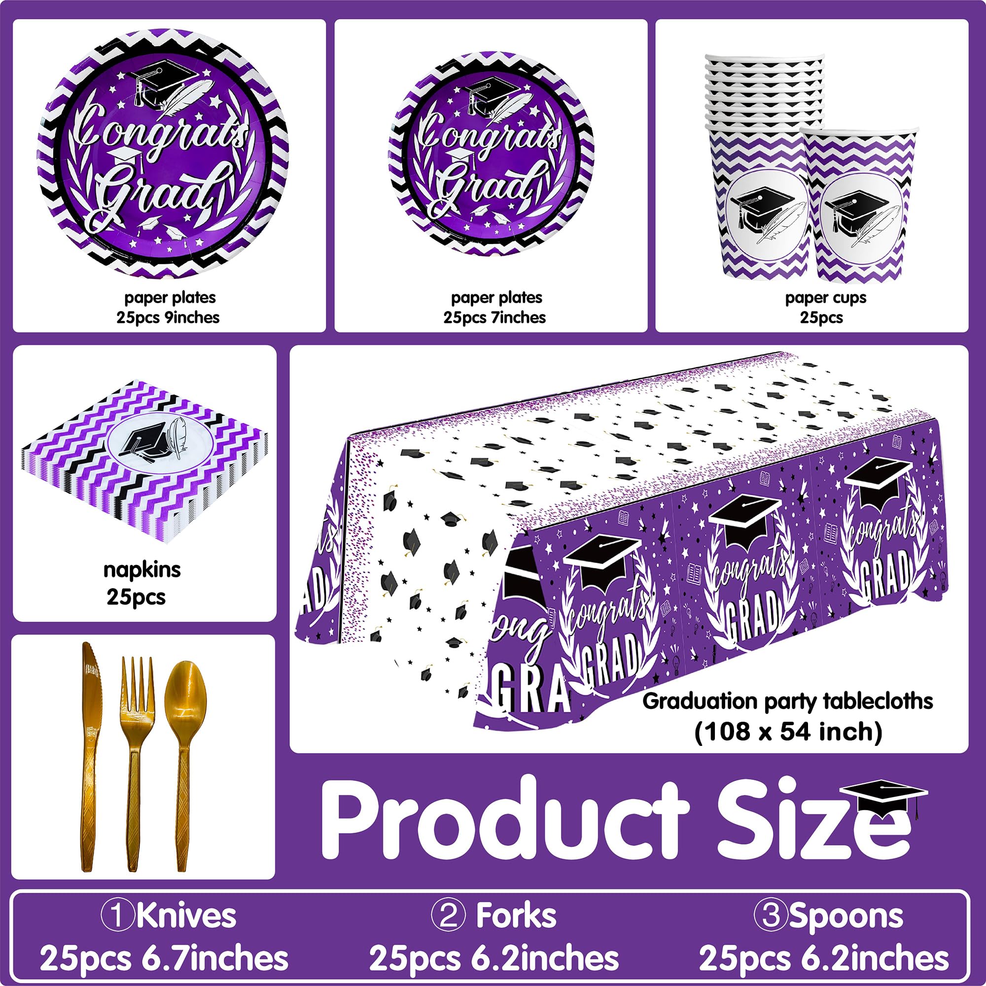 KatchOn 2024 Graduation Party Supplies Kit - 176-Piece Set (Plates, Napkins, Cups, Tablecloth) for 25 Guests | Purple Graduation Decorations 2025 | Perfect for High School & College Grad Parties, Commencement Celebrations & Graduation Dinners