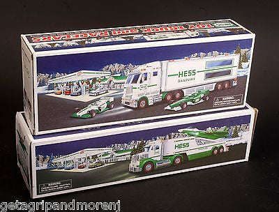 Vintage HESS Toy Truck and Racecars 2003 + HESS Toy Truck and Jet 2010 Collector's Set in Original Boxes - Perfect for Display, Gift Giving, and Nostalgic Toy Collectors