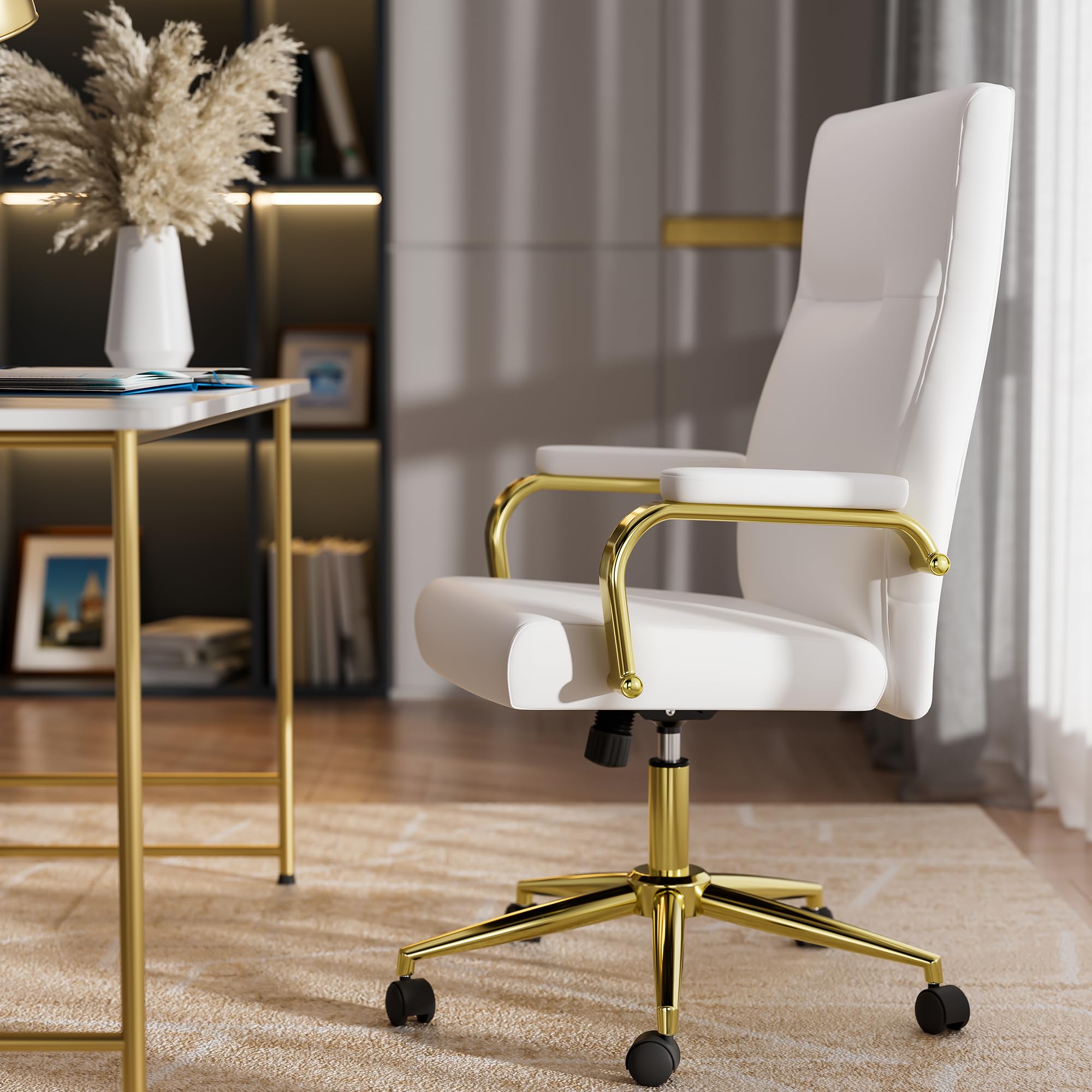 White and Gold Memory Foam Office Chair - Ergonomic Leather Computer Desk Chair with Wheels & Adjustable Arms - High Back Executive Chair for Women - Perfect for Home Office, Gaming, and Workspaces