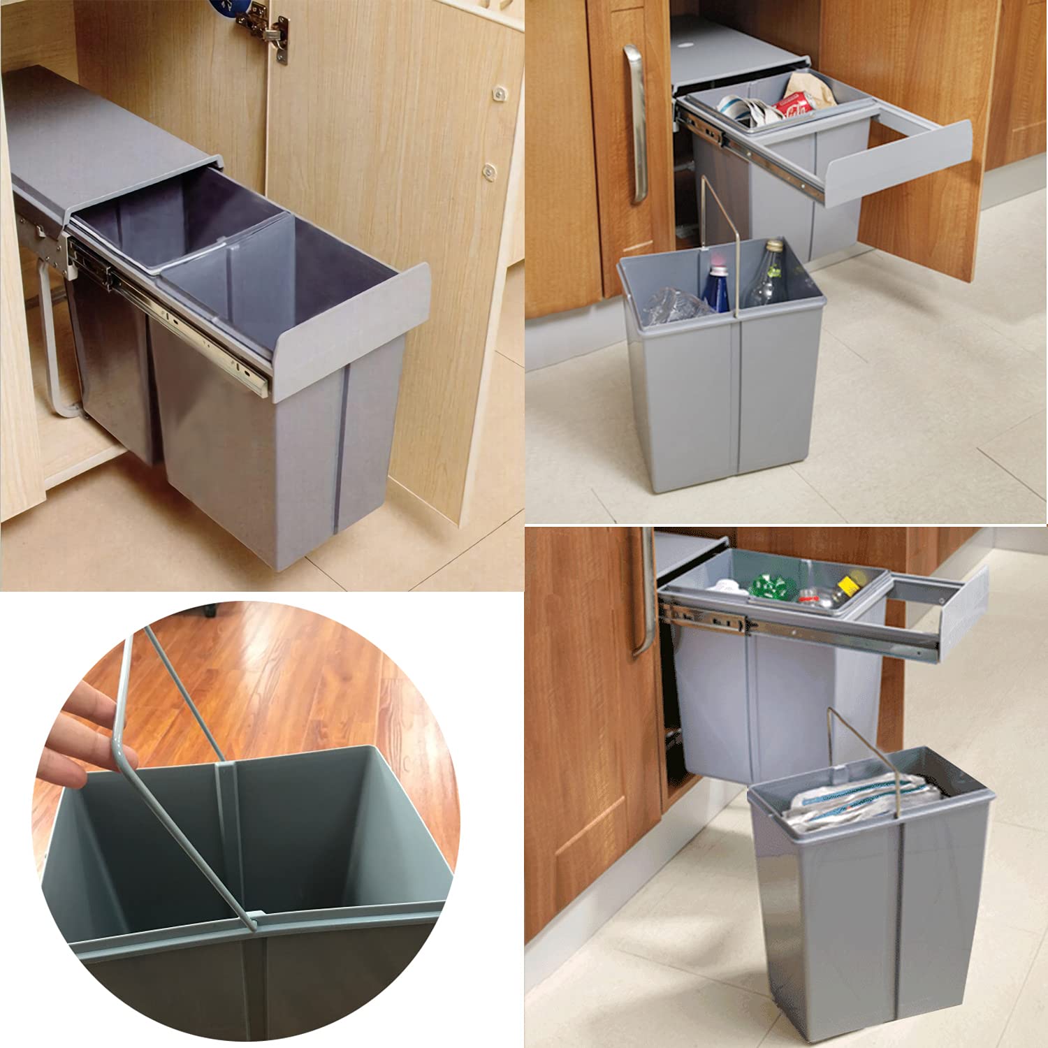 Nisorpa 40L/10.6Gal Dual Compartment Pull-Out Trash Can - Under Sink Cabinet Garbage Bin with Lid - Soft Close Sliding Recycling Container for Kitchen, Commercial Use - Gray (Perfect for Small Spaces & Waste Sorting)
