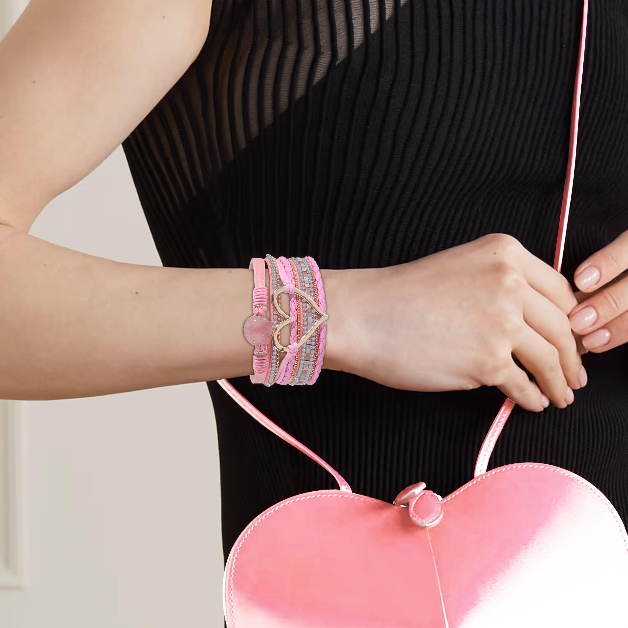 Boho Heart Leather Wrap Bracelets for Women - Trendy Layered Chunky Stack Bracelets, Valentines Jewelry Gift for Her | Perfect for Everyday Wear, Layering & Special Occasions | Great for Date Nights, Parties & Casual Outfits