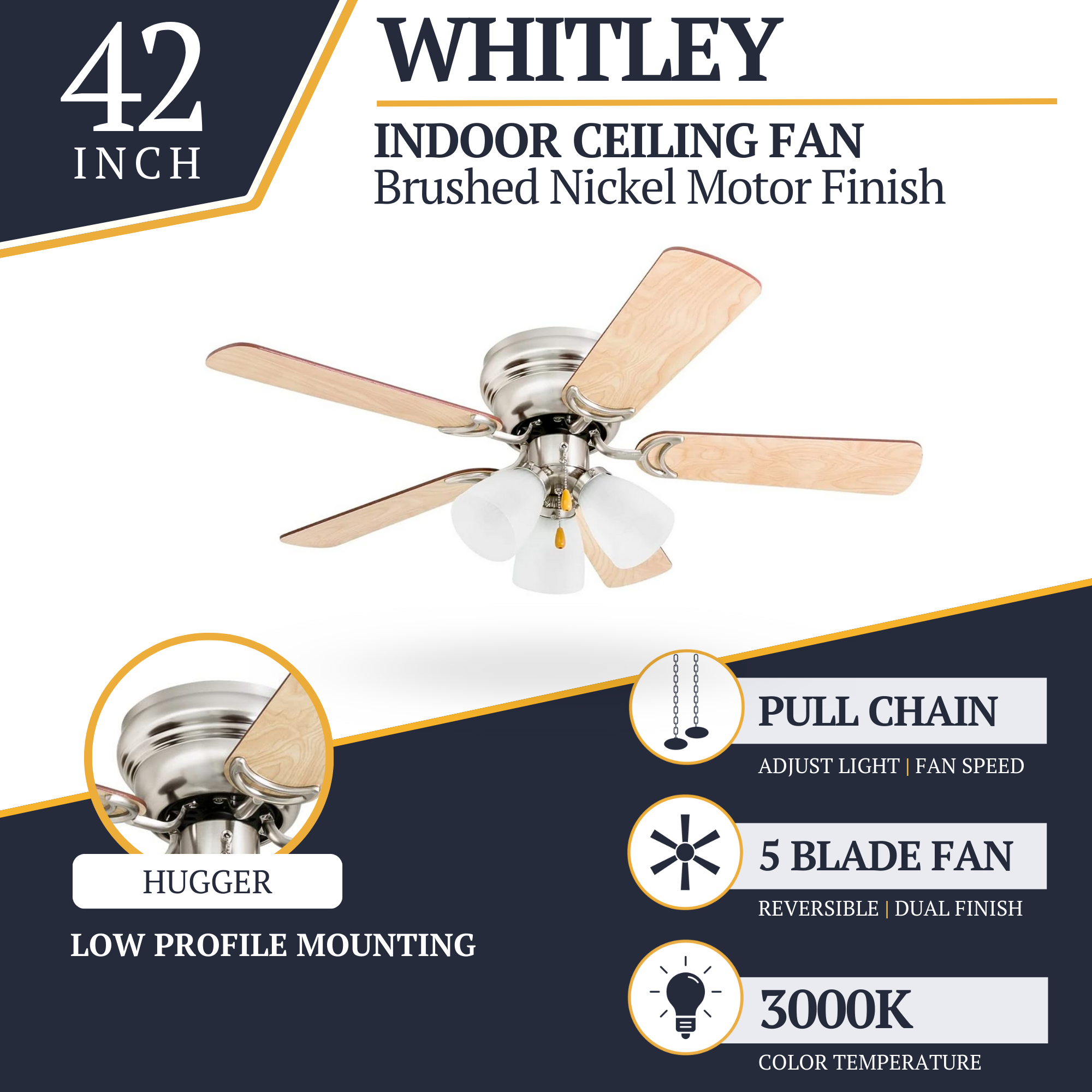 42 Inch Whitley Ceiling Fan with Pull Chain in Satin Nickel Finish - Perfect for Living Room, Bedroom & Outdoor Spaces