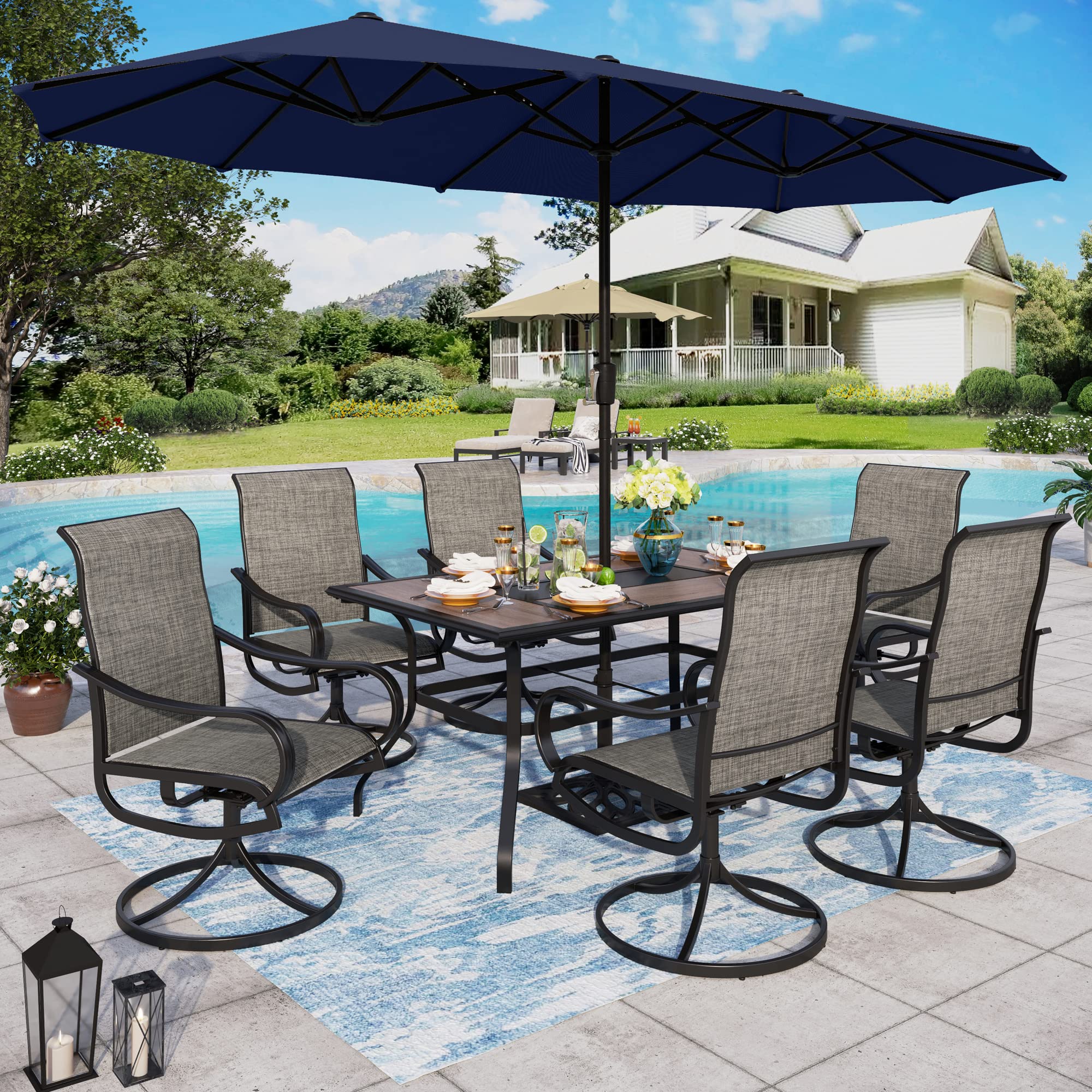 Sophia & William 8-Piece Outdoor Patio Dining Set with 13ft Double-Sided Umbrella - Navy Blue Swivel Chairs & Wood-Like Table for Garden, Backyard, Poolside - Perfect for Summer BBQs & Outdoor Entertaining
