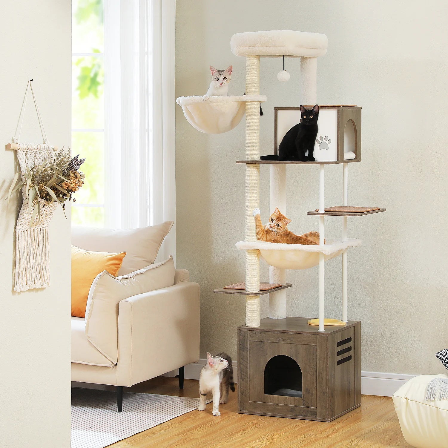 190cm Tall Wooden Cat Tree Tower with Feeding Bowls - Grey - Multi-Level Cat Climbing Furniture for Indoor Cats, Play & Rest Perch for Kittens & Adult Cats