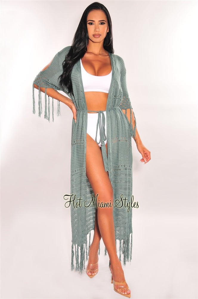 Dusty Sage Crochet Fringe Belted Maxi Cover Up - Boho Beach Dress for Women, Summer Vacation Outfit, Poolside Cover-Up, Festival Fashion