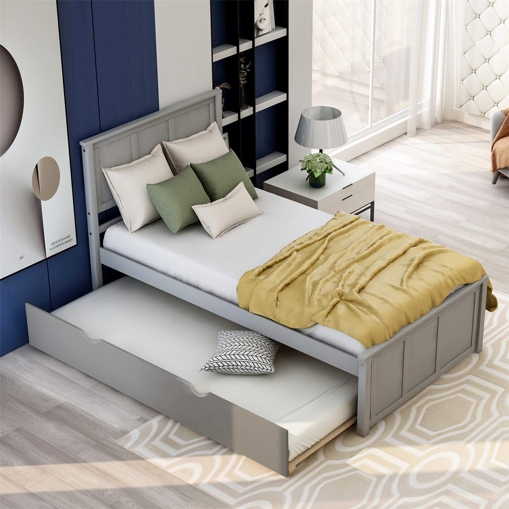Twin Platform Bed Frame with Trundle - Solid Wood Bed with Headboard, No Box Spring Required, Easy Assembly, Gray - Perfect for Guest Rooms, Kids Rooms & Small Spaces