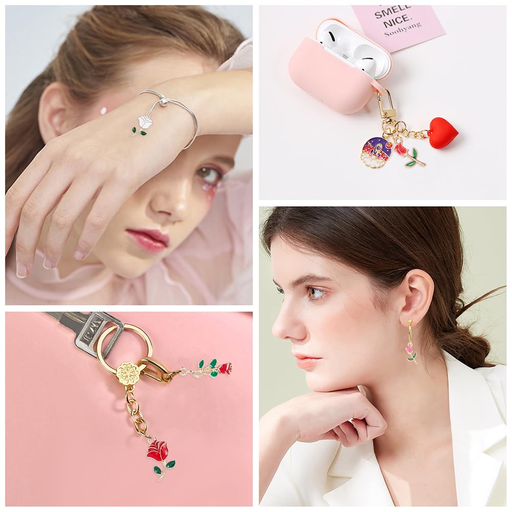 18Pcs Rose Flower Charms - Enamel Love Charms for Jewelry Making, Necklace, Bracelet & Earring Supplies | Valentine's Day Red Rose Pendants for Women DIY Crafting | Perfect for Handmade Gifts, Valentine's Day Presents & Jewelry Design Projects