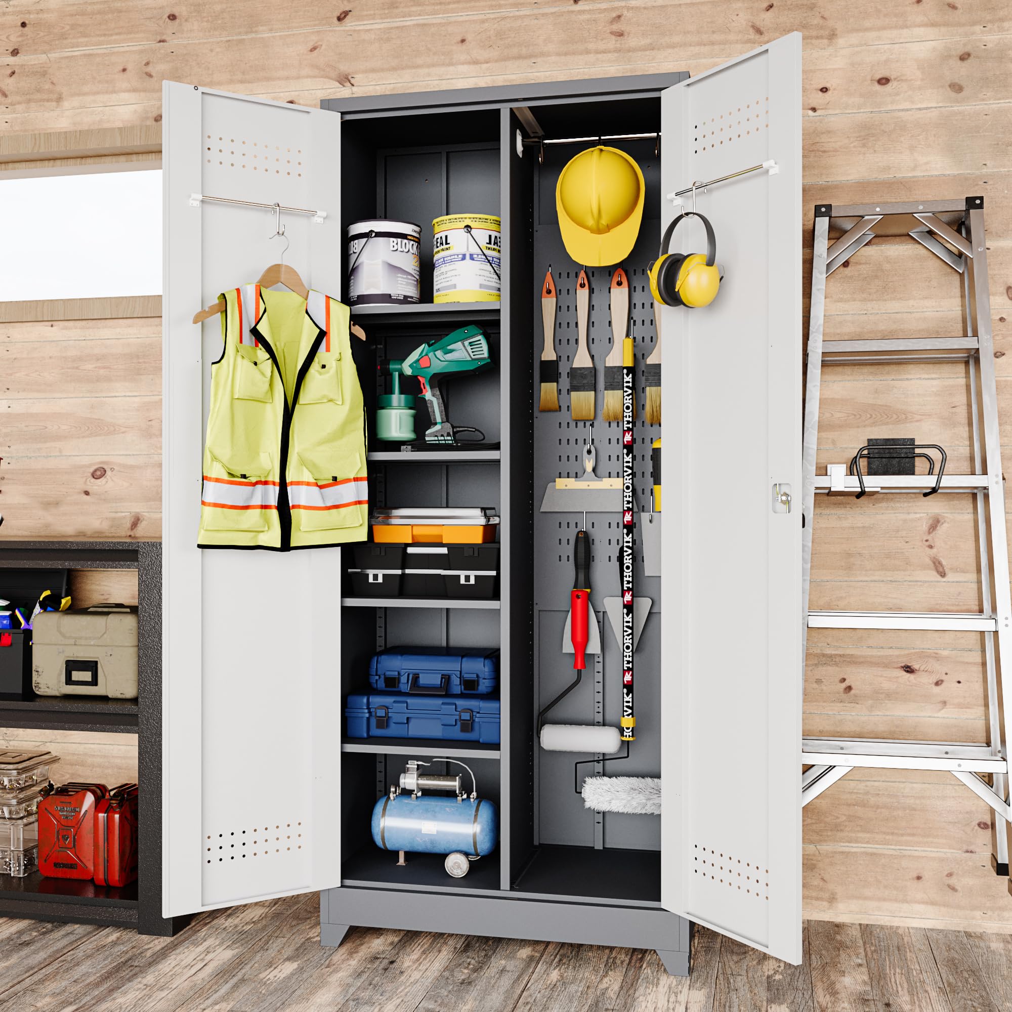 GREATMEET Metal Broom Closet with Pegboard & Hanging Rod - Cleaning Supplies Storage Cabinet with Lock for Utility Room, Garage & Laundry Room Organization