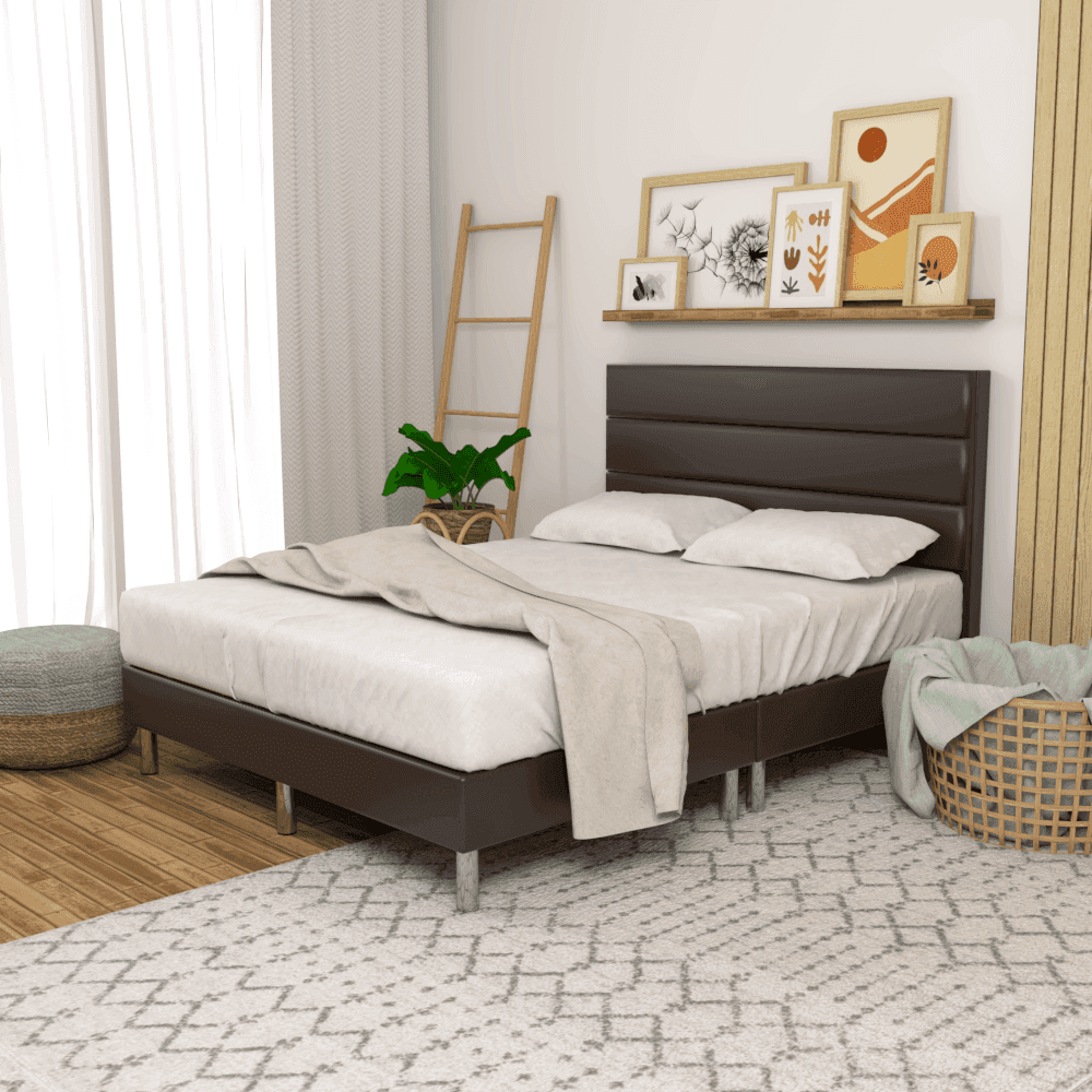 Makoni Queen Size Faux Leather Upholstered Bed Frame with Wooden Slats - Modern Platform Bed for Master Bedroom & Guest Room