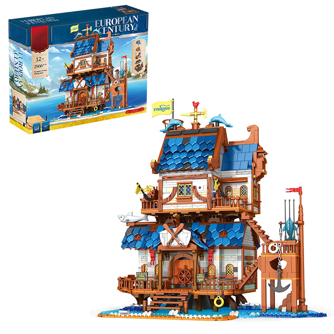 PHYNEDI Medieval European Fishing House MOC DIY Building Kit - 2,566 Piece Brick Model with LED Lights | Compatible with Lego | 45x33x47cm Architecture Collection | Perfect for Home Decoration, Gift Giving & Creative Play