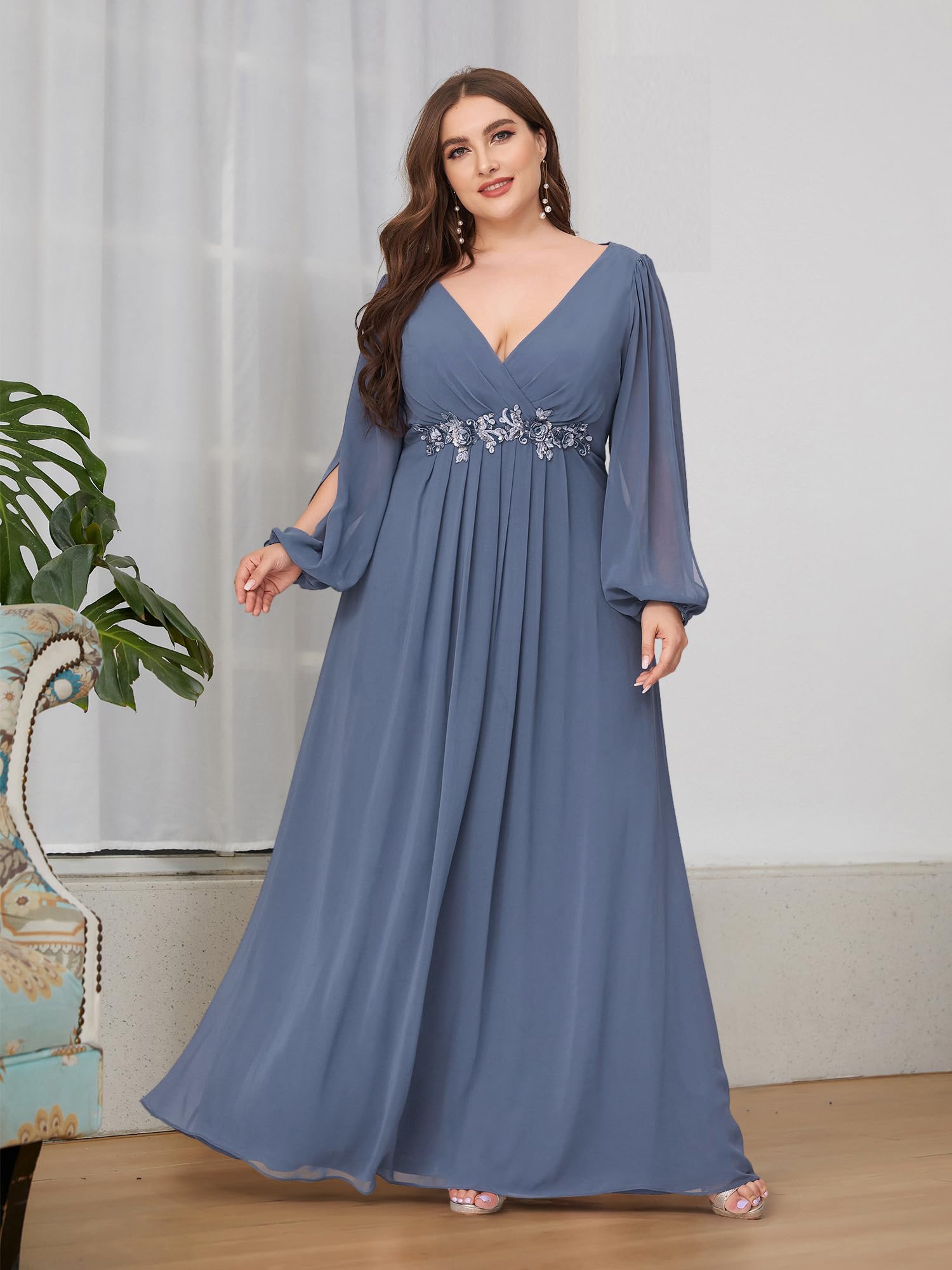 Ever-Pretty Plus Size Women's Formal Dress - Floor Length V-Neck Floral Applique Lantern Sleeves Evening Gown for Curvy Women | Wedding Guest, Prom, Cocktail Party, Special Occasion