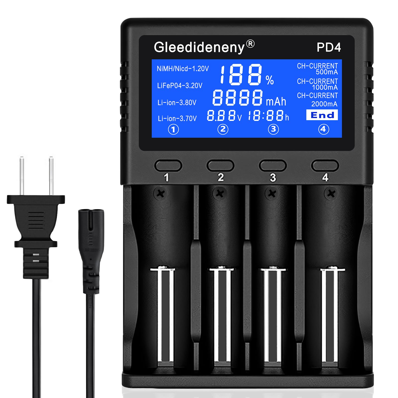 Gleedideney 18650 Battery Charger with LCD Display - Universal Fast Charger for 26650, 20700, 18650, 18350, 17670, 17500, 16340 (RCR123), 14500, AA, AAA, SC, C Size Rechargeable Batteries - Perfect for Flashlights, Vape Mods, and Electronic Devices