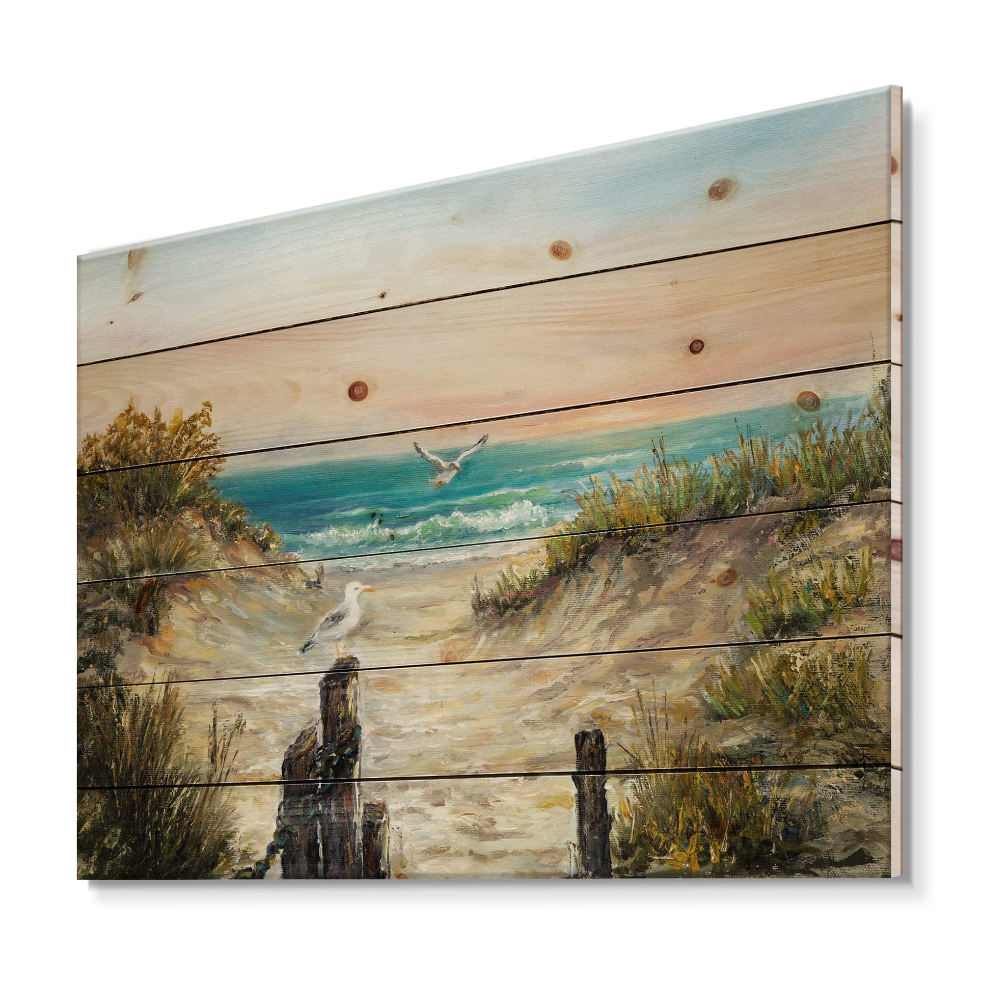 DesignQ Ocean Dunes Pink Sunset Nautical Coastal Wood Wall Art - Large Beach Wood Panel Decor Printed on Natural Pine - Perfect for Coastal Living Rooms, Beach House Decor & Ocean-Themed Bedrooms