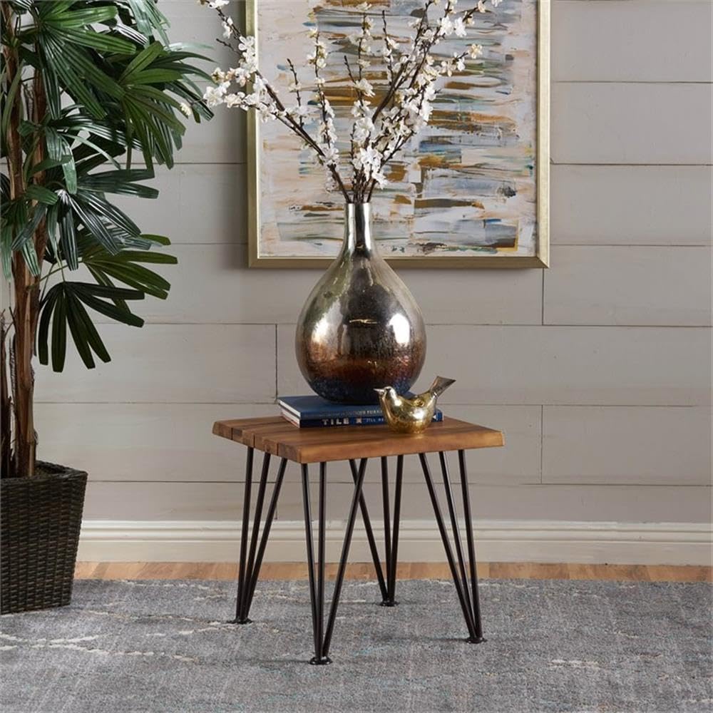 Noble House Geania Acacia Wood Indoor Side Table - Teak Finish End Table for Living Room, Bedroom & Office - Rustic Wooden Accent Table for Home Decor