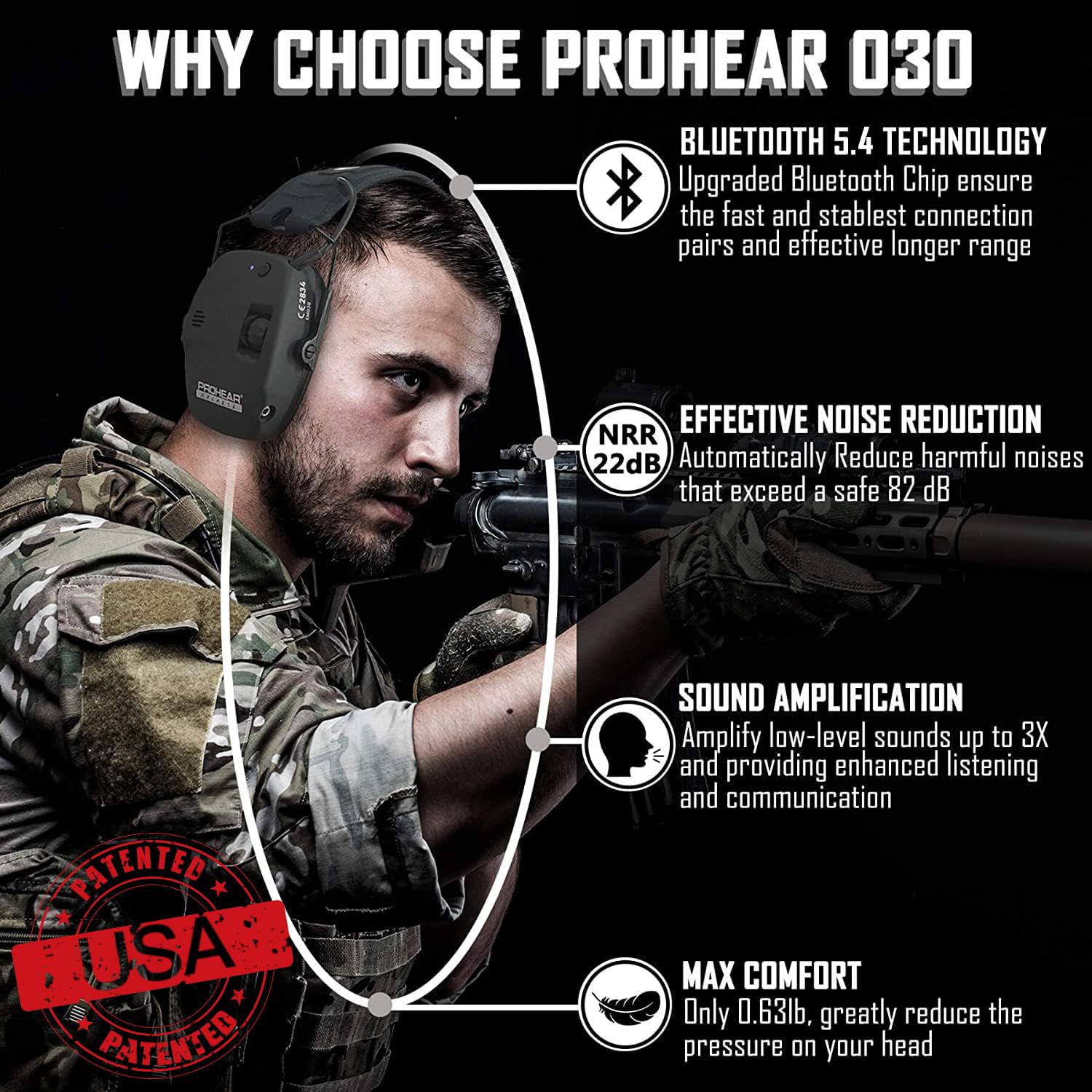 PROHEAR 030 Bluetooth 5.4 Electronic Shooting Earmuffs - Noise Cancelling & Sound Amplification Hearing Protection for Gun Range, Hunting & Shooting Sports - Perfect Gift for Men & Women (Black) - Ideal for Outdoor Activities, Shooting Practice & Hearing Safety