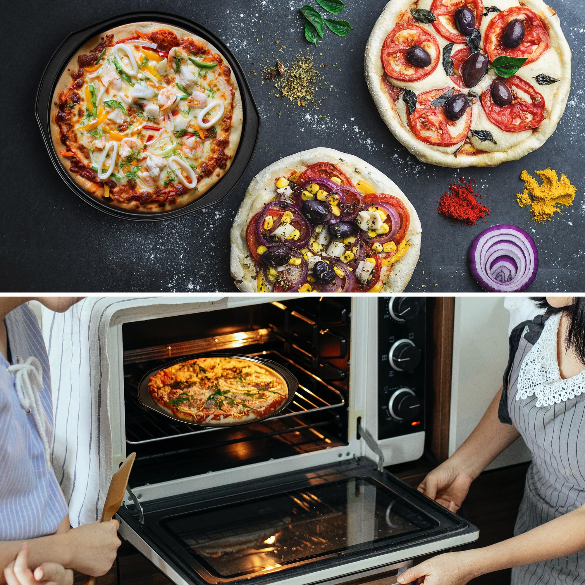 AZKEEGREY 2 Pack 14 Inch Non-Stick Pizza Pans for Oven - Carbon Steel Round Pizza Trays with Holes & Handles (30cm Inside Diameter) - Perfect for Baking, Reheating & Serving Homemade Pizzas, Breads & Pastries