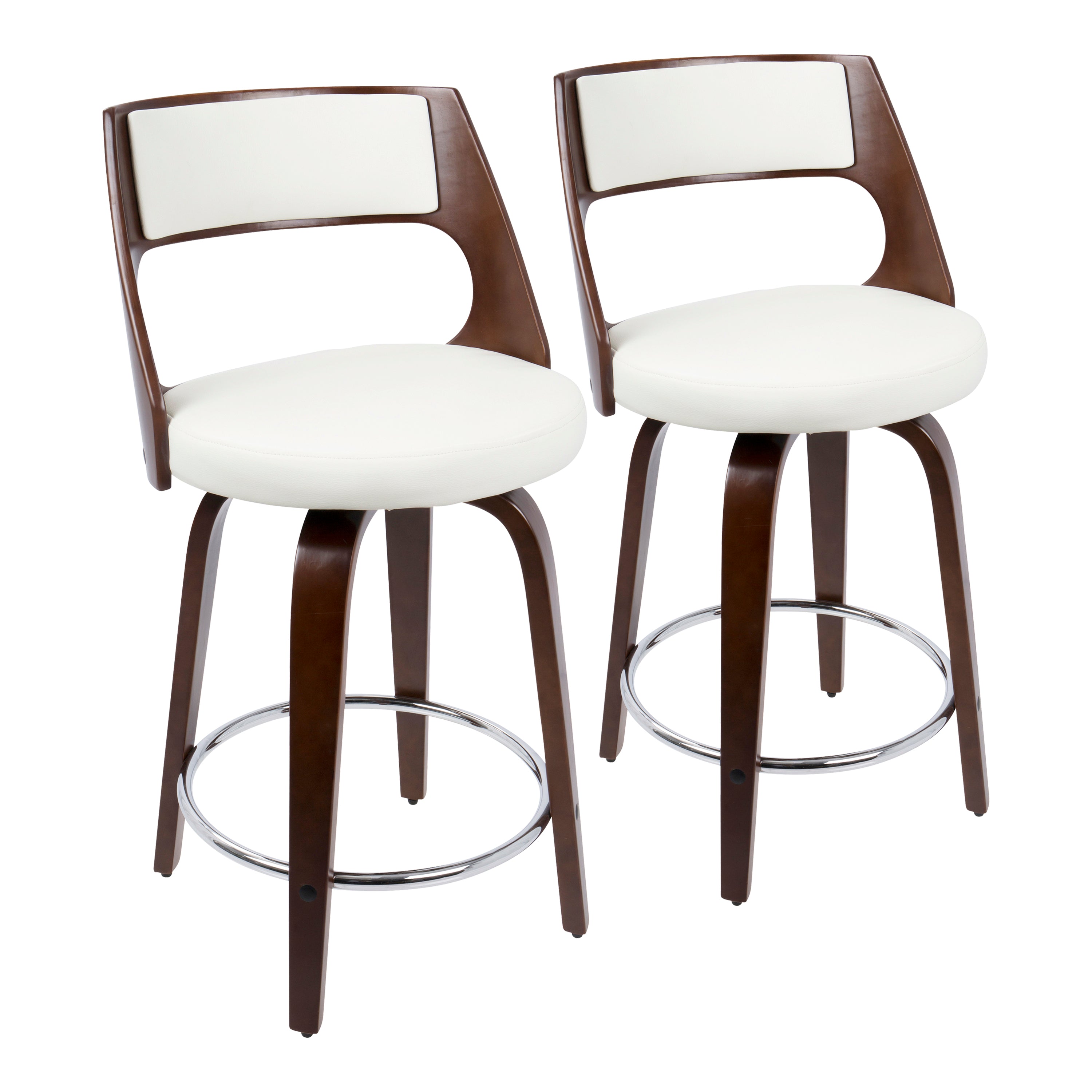 LumiSource Cecina Mid Century Modern Swivel Counter Stool Set of 2 - Cherry Wood & White Faux Leather Bar Stools for Kitchen Island, Breakfast Nook & Home Bar Seating