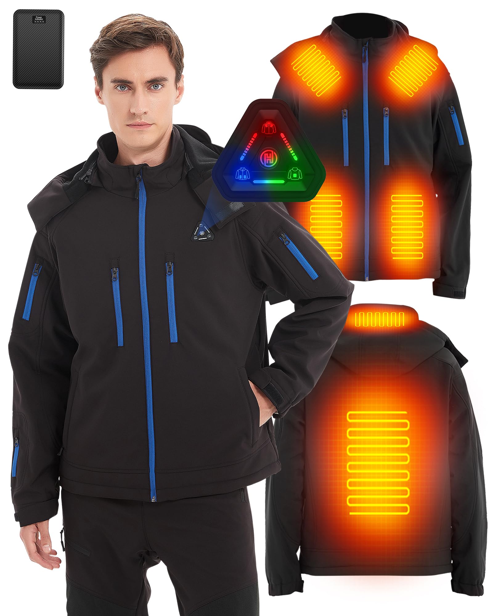 Heated Jacket for Men - Soft Shell Electric Heating Hoodie Coat with 7.4V Battery & 4-in-1 Smart Controller | Winter Outdoor Activities, Skiing, Hiking, Camping