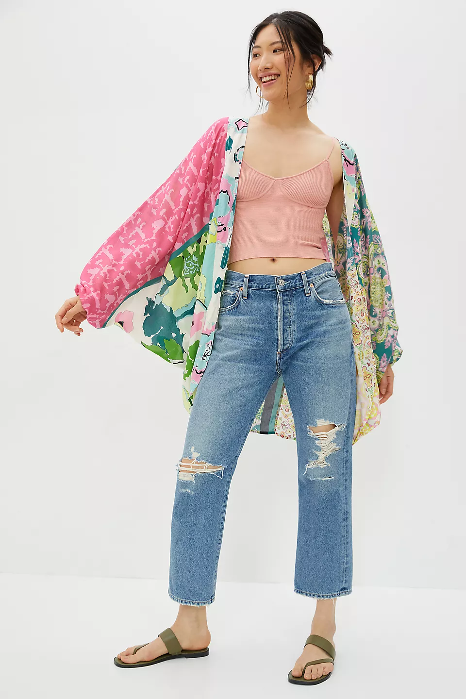 Stylish Multicolor Mixed Pattern Kimono Robe for Women - Perfect for Loungewear, Beach Cover-Up & Boho Fashion