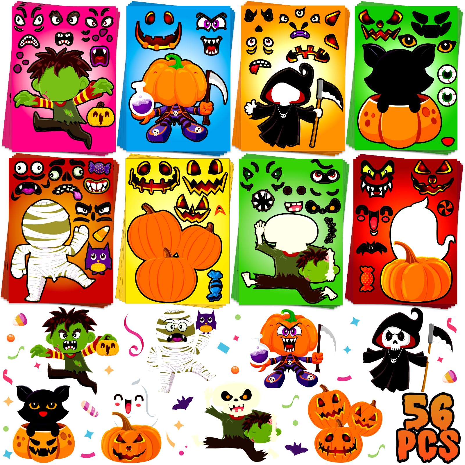 56 Sheets Halloween Stickers for Kids - DIY Party Favors, Classroom Activities, Goodie Bag Fillers & Craft Supplies - Perfect for Halloween Games, Trick-or-Treat Gifts & Spooky Classroom Decorations