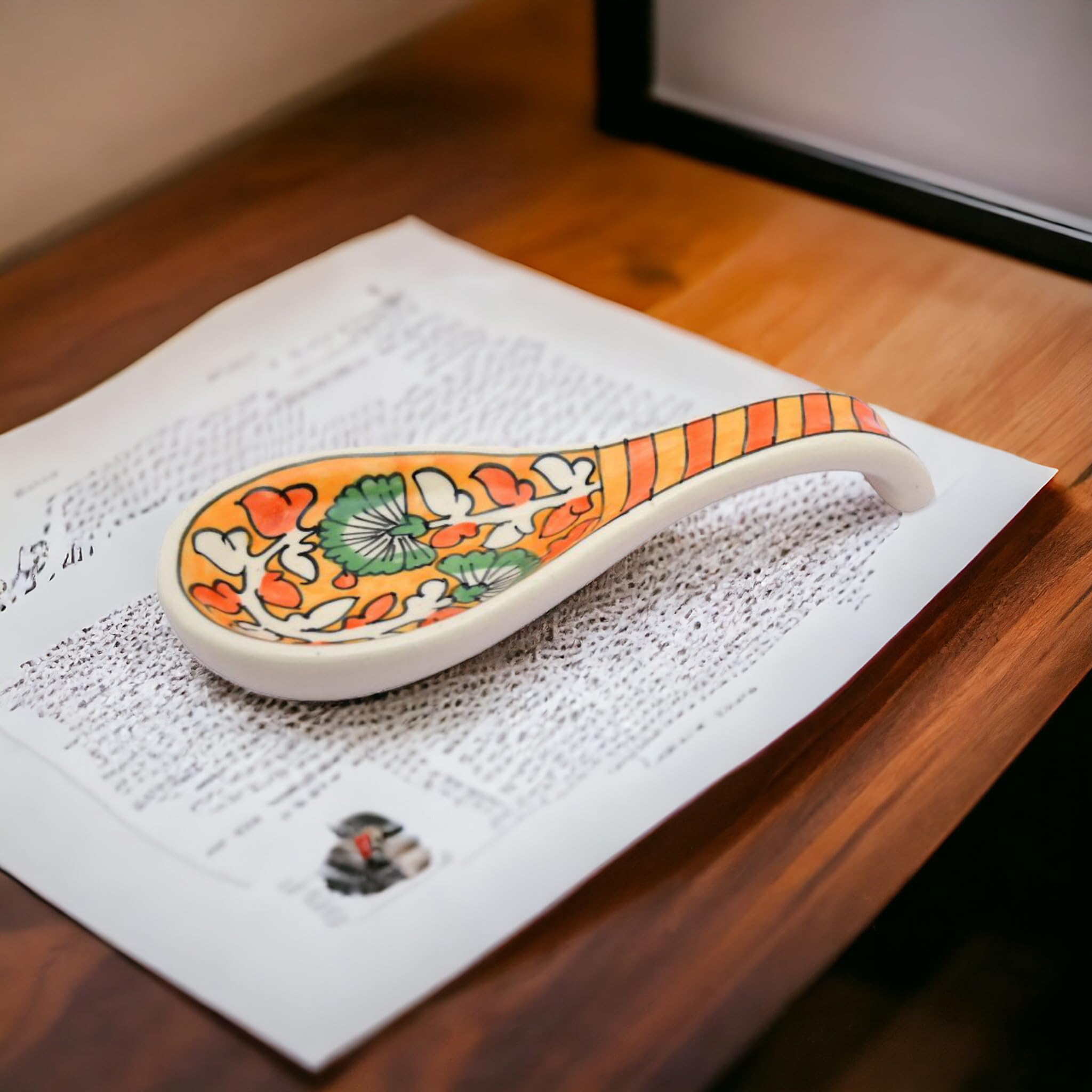 Hand-Painted Ceramic Spoon Rest - Multi-Orange Design for Kitchen Countertop | Durable Serveware & Cutlery Holder | Set of 2 | Perfect for Cooking, Serving, and Protecting Countertops from Hot Utensils
