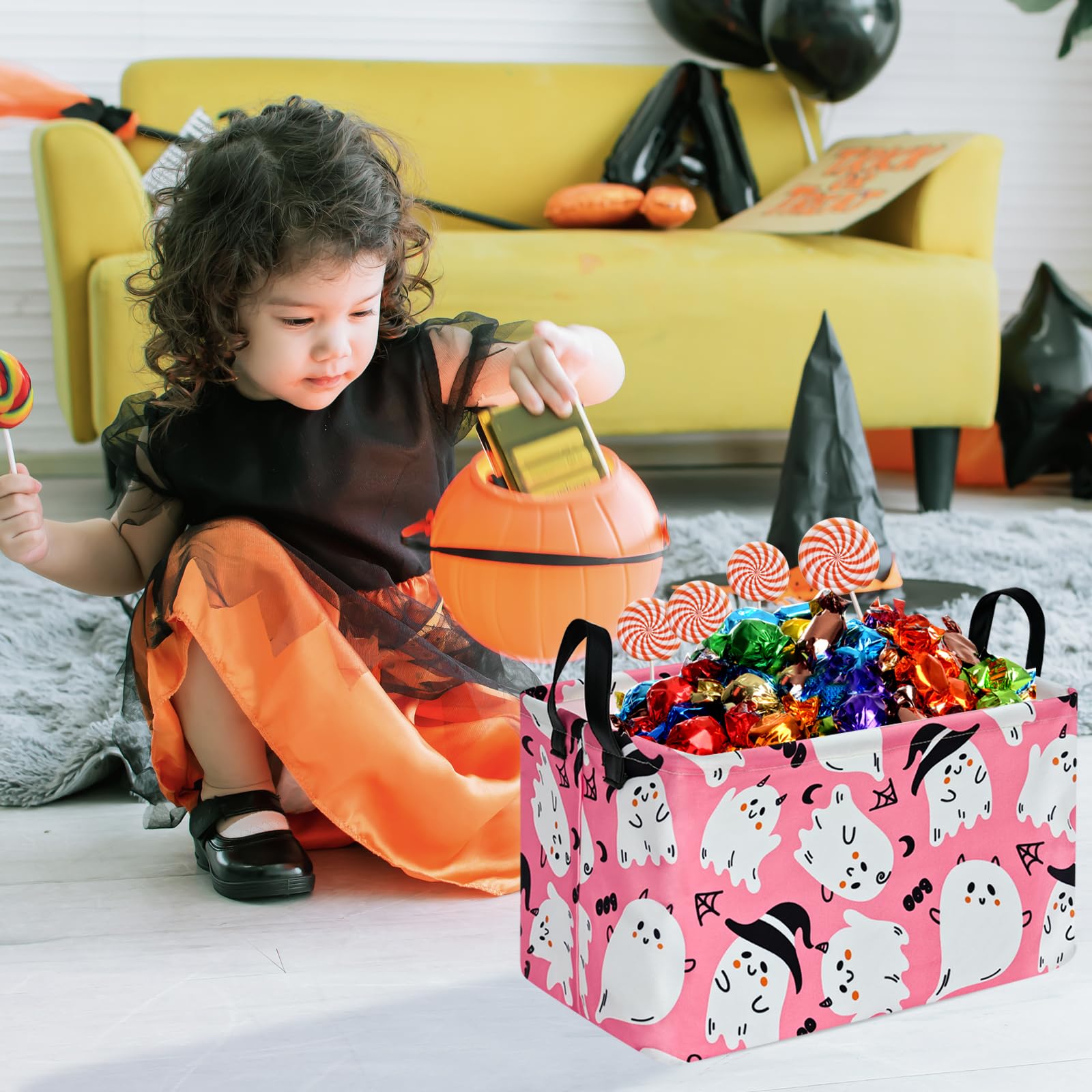 Pink Ghost Pattern Halloween Storage Basket - Canvas Storage Bin with Handles, Rectangle Storage Cube Organizer for Bedroom, Living Room, Office - Perfect for Holiday Decor, Gift Wrapping & Home Organization