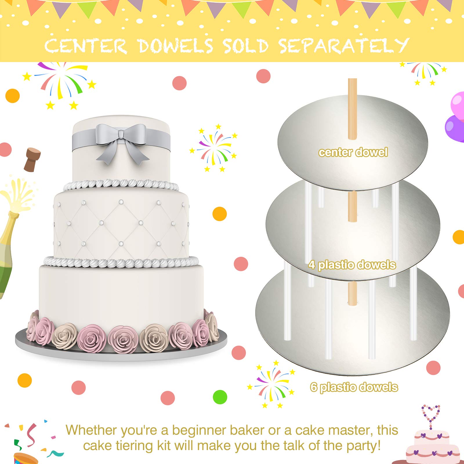 Patelai 89-Piece Cake Tiered Stacking Kit - 10, 8 & 6 Inch Silver Round Cake Boards with Parchment Paper & Plastic Dowel Rods for Wedding, Birthday & Anniversary Cake Decorating Support