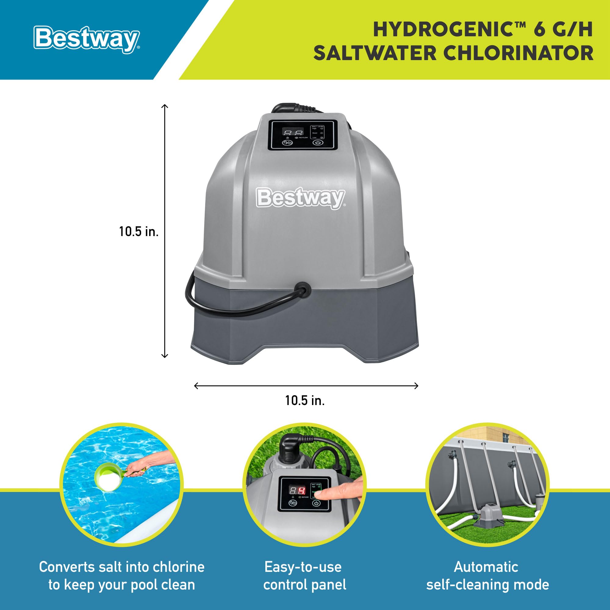 Bestway Flowclear Hydrogenic 6 G/H Digital Self-Cleaning Saltwater Chlorinator with Adapters & pH Test Strips - Above Ground Pool Salt Chlorine Generator System for Easy Water Maintenance & Crystal Clear Swimming