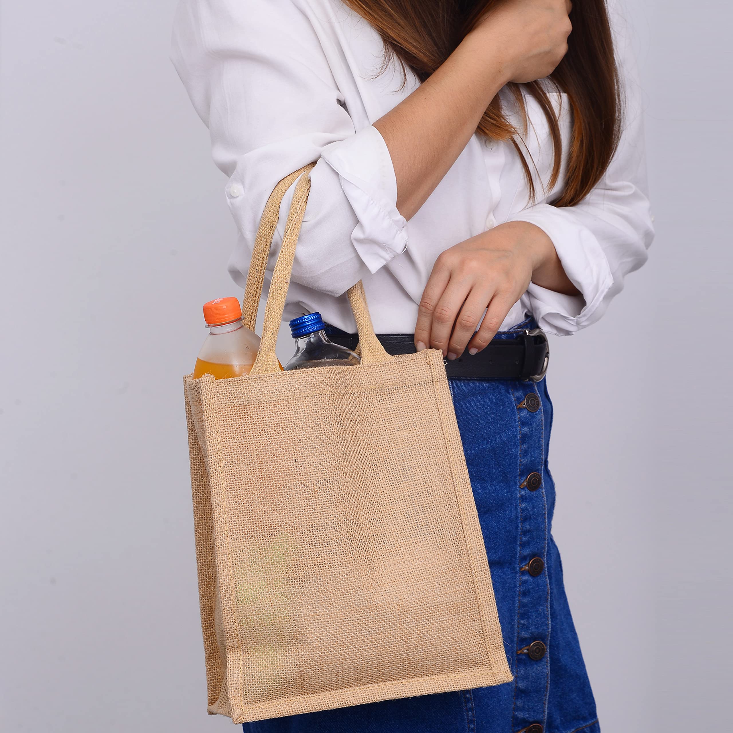 Eco-Friendly Small Jute Burlap Tote Bags - Reusable Natural Cotton Shopping Totes with Full Gusset (Set of 6) - Perfect for Books, Groceries, Gifts & Farmers Market Use