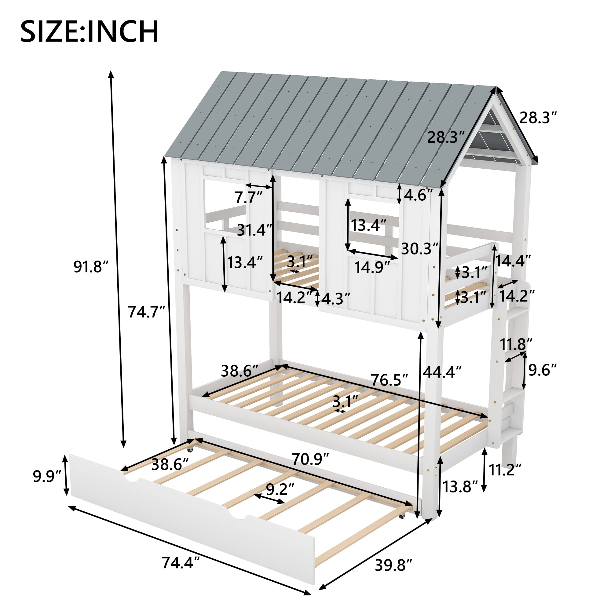 LZ LEISURE ZONE Twin Over Twin Bunk Bed with Trundle - Solid Wood House Style Bed Frame with Roof, Window, Safety Guardrail & Ladder - Perfect for Kids' Bedroom, Guest Room or Vacation Home (White)