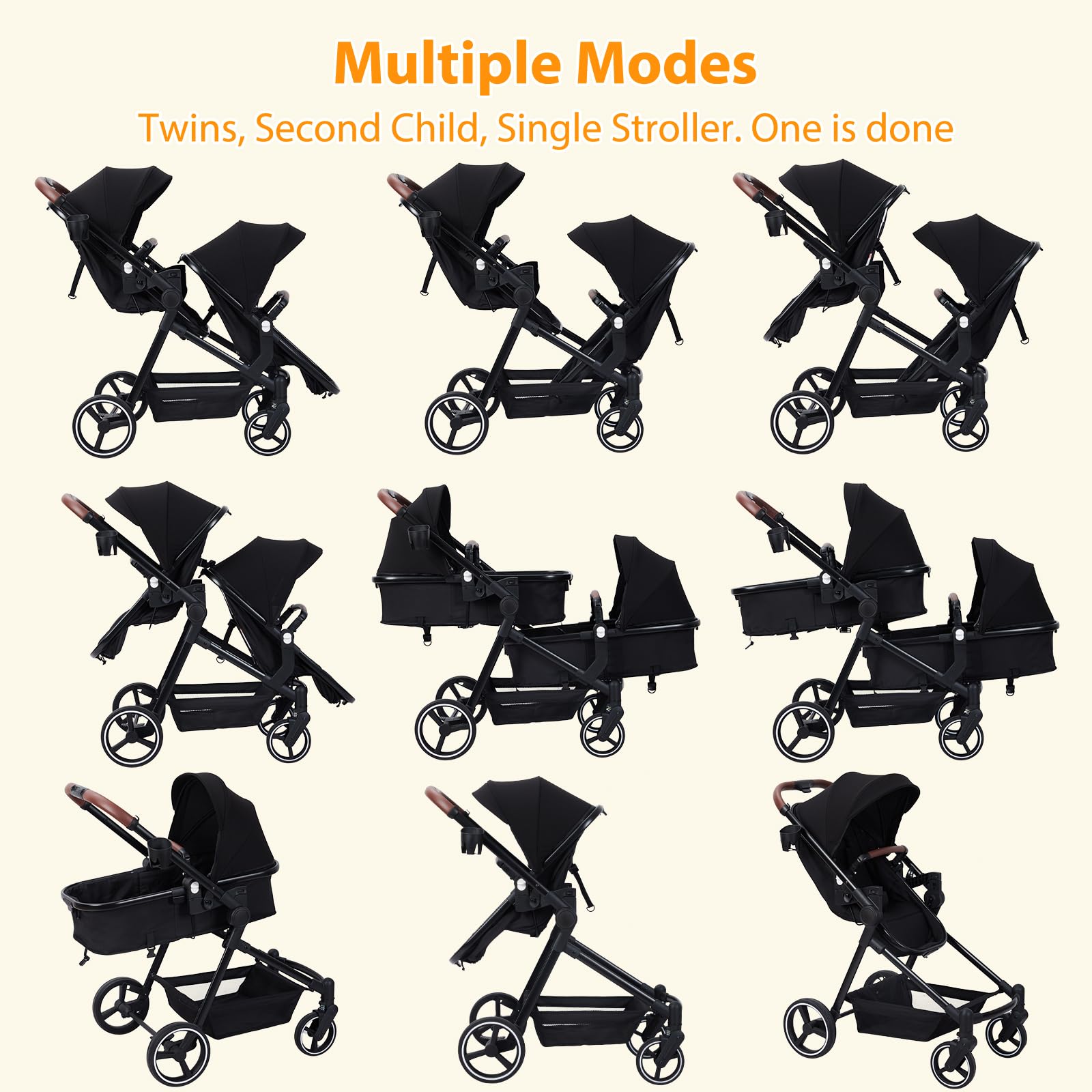 Double Stroller for Infants and Toddlers | Foldable Tandem Baby Stroller with Reversible Seat & Bassinet | Large Storage Basket, Adjustable Canopy & Backrest | Perfect for Twins, Siblings or Newborns | Ideal for Shopping, Travel & Daily Walks (Black)