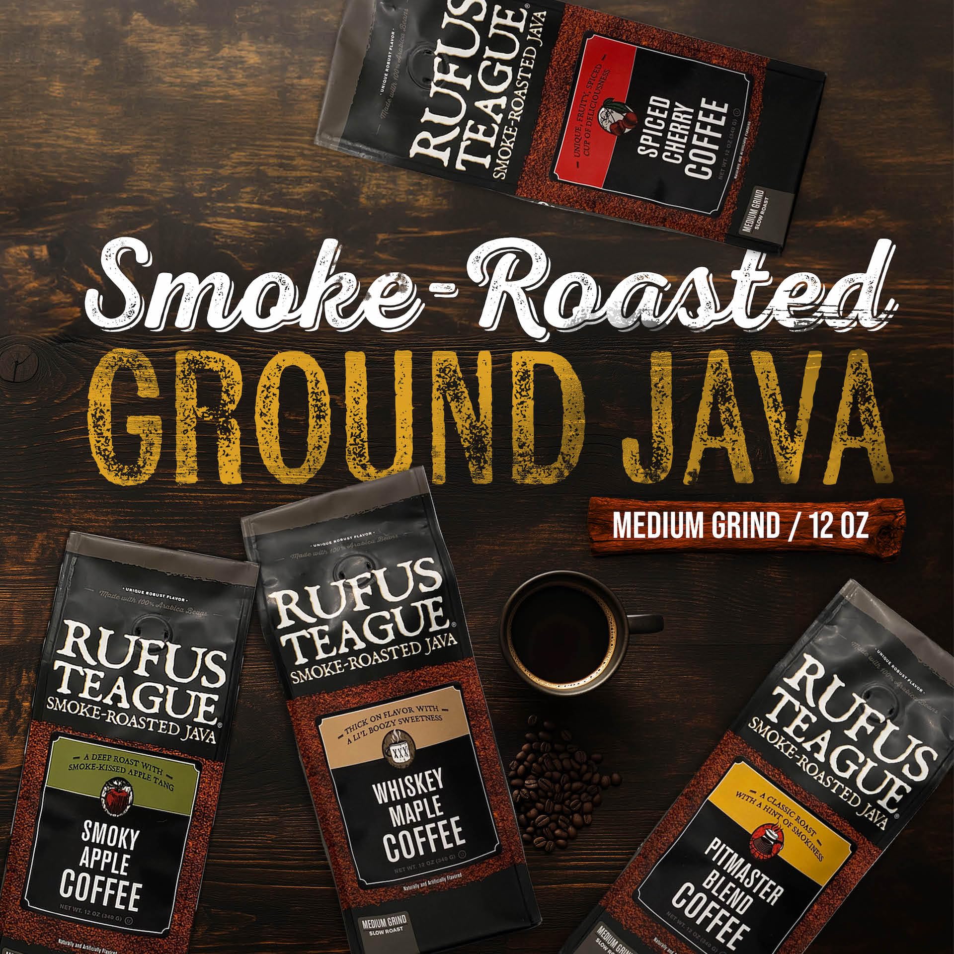 Rufus Teague Whiskey Maple Flavored Ground Coffee - Premium Dark Roast Gourmet Coffee with Smoky Notes, Medium Grind, 12 oz Bags (Pack of 2) - Perfect for Morning Brew, Afternoon Pick-Me-Up & Gift Giving