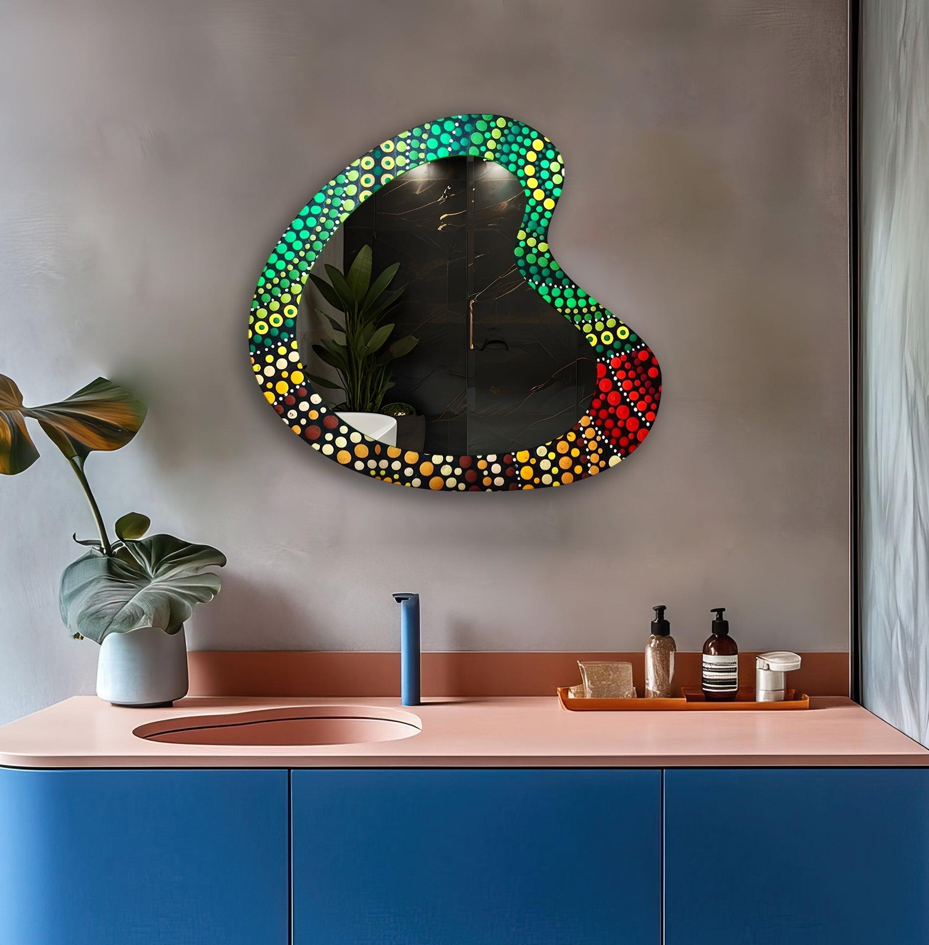 Asymmetrical Green Mosaic Glass Wall Mirror - Handmade Decorative Mirror for Living Room, Bedroom, Bathroom & Entryway - Unique Home Decor Accent Piece