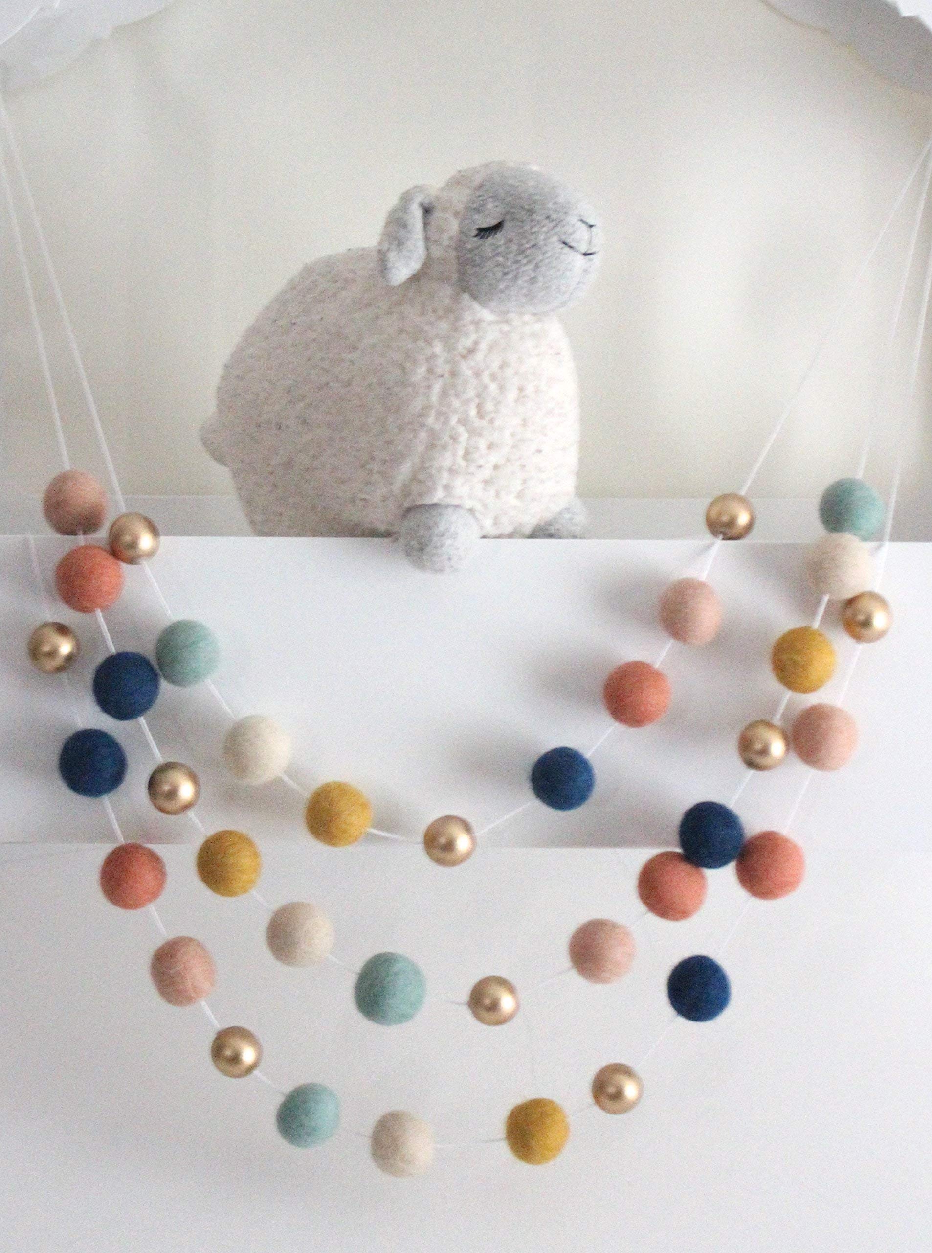 Handmade Wool Felt Ball Garland - Navy, Coral, Peach, Mustard, Cream & Gold Pom Pom Decor (2.5cm) | Natural Sheep Farm Felt & Wood Beads | Perfect for Nursery, Wedding, Christmas Tree & Boho Home Decor