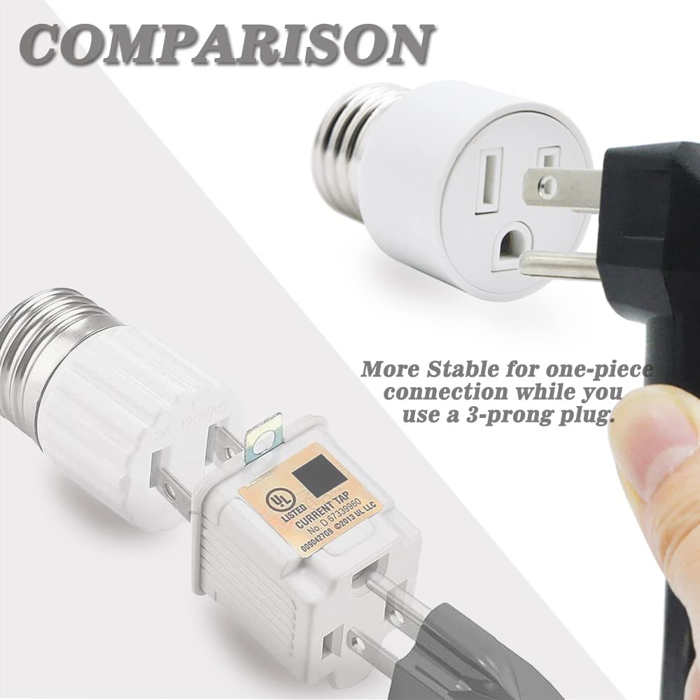 3 Prong Outlet Light Socket Adapter - E26 to Outlet Converter, Screw-in Light Bulb Socket Plug (2 Pack, White) - Perfect for Porch Lights, Security Cameras, Garage Lighting & Holiday Light Strings