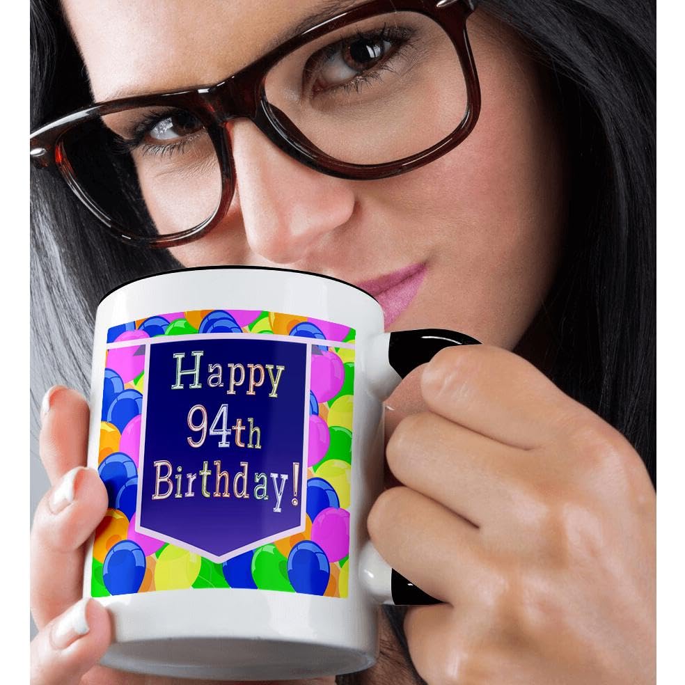 3dRose Happy 94th Birthday Two-Tone Mug - 11 oz Black Ceramic Cup with Purple Balloon Banner Design - Perfect Gift for Birthday Celebrations & Milestone Anniversaries