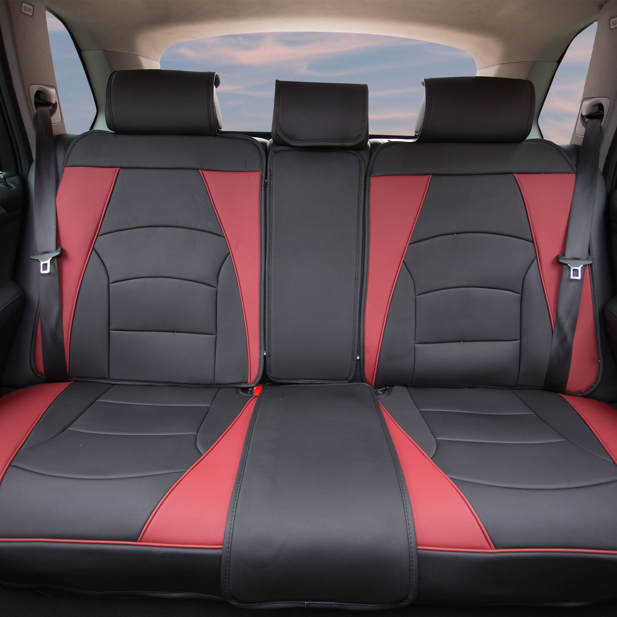 FH Group Universal Faux Leather Car Seat Covers - Split Rear Bench Design for SUVs, Sedans & Vans (Burgundy/Black) | Durable & Stylish Interior Upgrade for Road Trips & Family Protection
