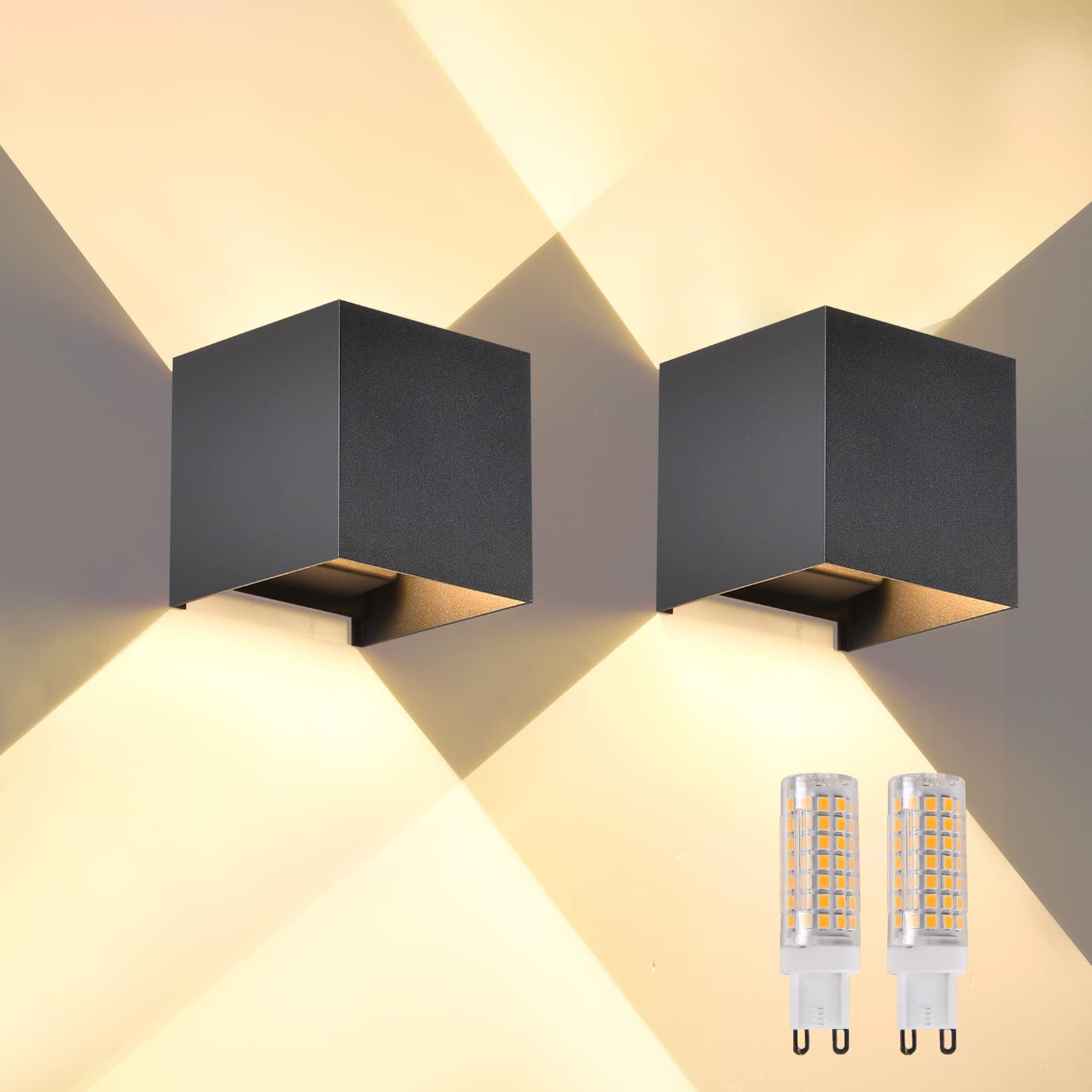 2 Pack Modern Black Square Aluminum Wall Sconces - IP65 Waterproof Outdoor/Indoor Lighting with G9 Base Socket, 3000K Warm White Up & Down Lights for Patio, Garden, Porch, Hallway & Bedroom