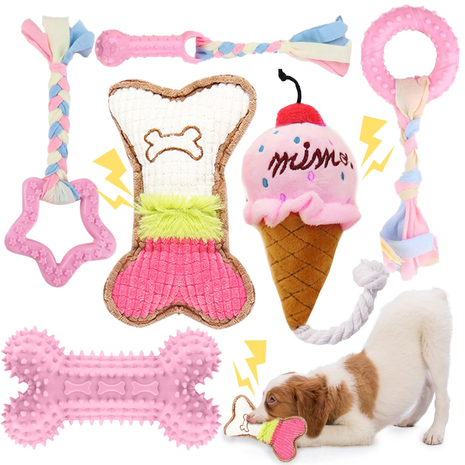 BAEJMJK 6 Pack Puppy Teething Toys for Small Dogs - Soft Rubber Chew Toys with Rope for Teeth Cleaning, Interactive Dog Bone Toys Set (Pink) - Perfect for Puppy Training, Teething Relief & Playtime Bonding
