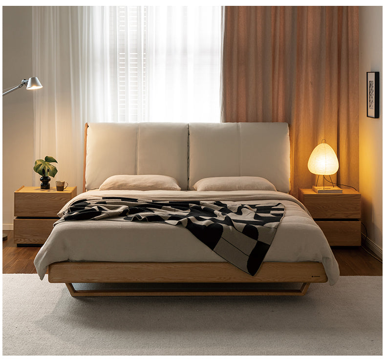 Italian Light Luxury Solid Wood Bed in Oak & Ash with Genuine Leather Upholstery - Perfect for Master Bedrooms, Guest Rooms & Modern Home Decor