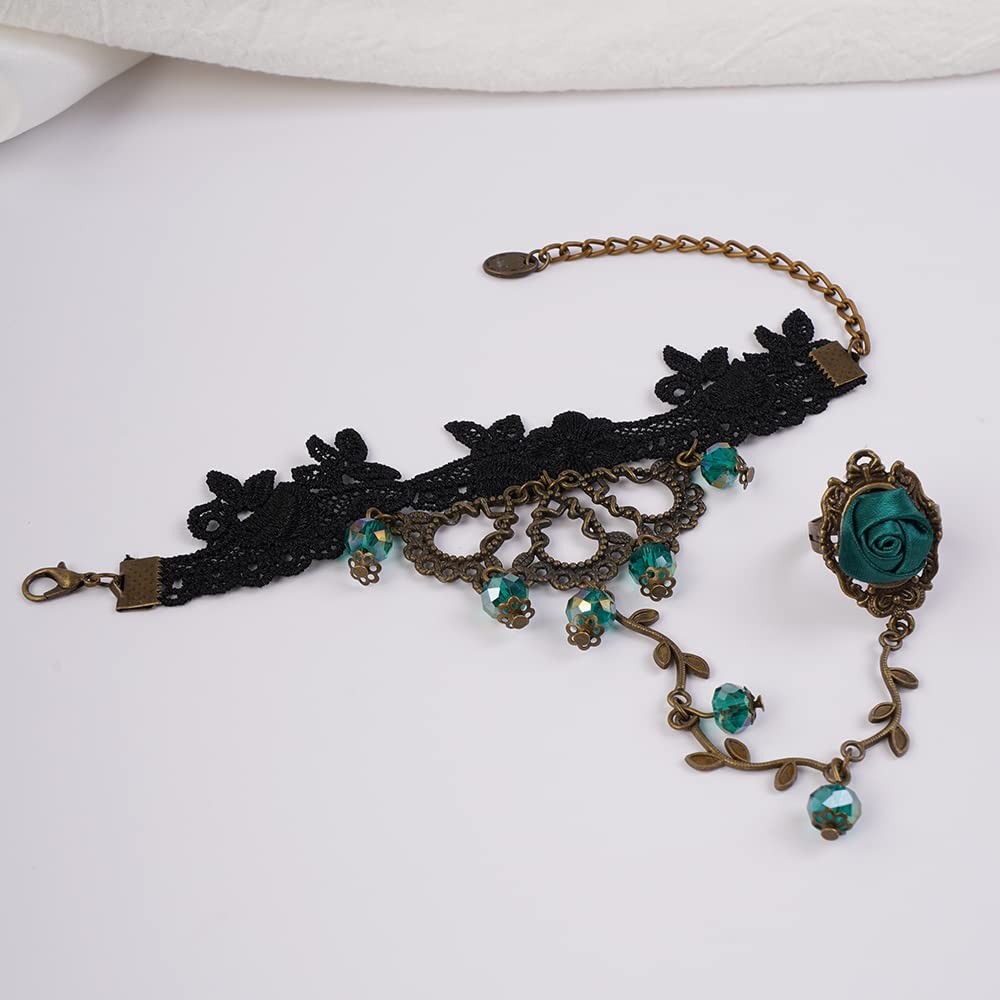 Gothic Black Lace Bracelet with Green Rose Crystal & Retro Leaf Chain - Halloween Slave Bracelet for Women (Black/Green/Rose, 10
