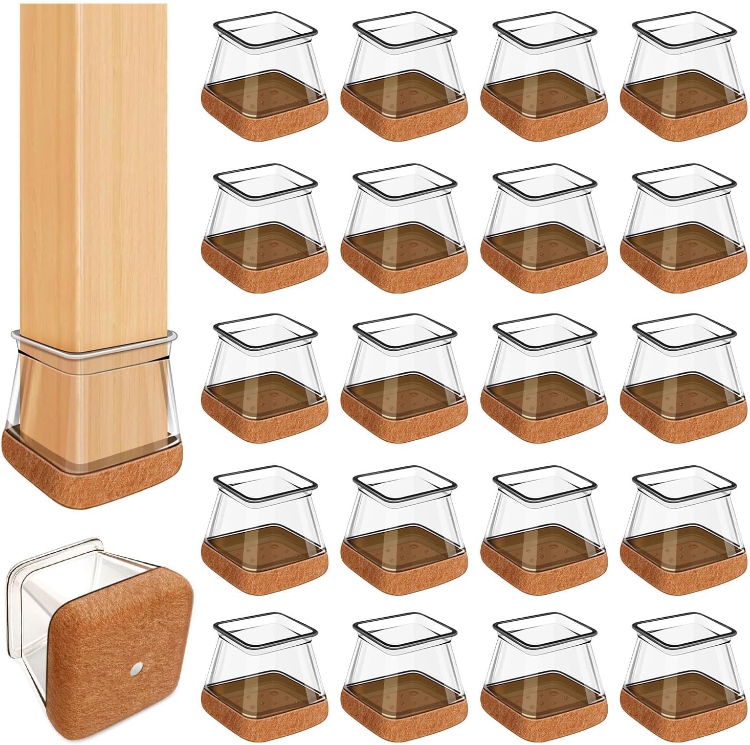 20 Pack Clear Rubber Chair Leg Floor Protectors with Felt - Non-Slip Furniture Sliders & Silicone Leg Caps for Hardwood Floors (Fits 1.01