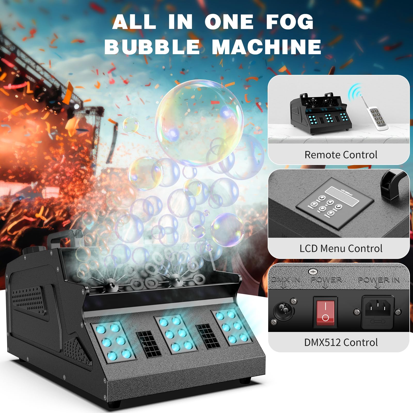 2000W Professional Fog Bubble Machine with 7CH RGB LED Lights - 3-in-1 Fog & Bubble Effect for Parties, Weddings, Halloween - Perfect for Stage Shows, DJ Events, and Nightclubs