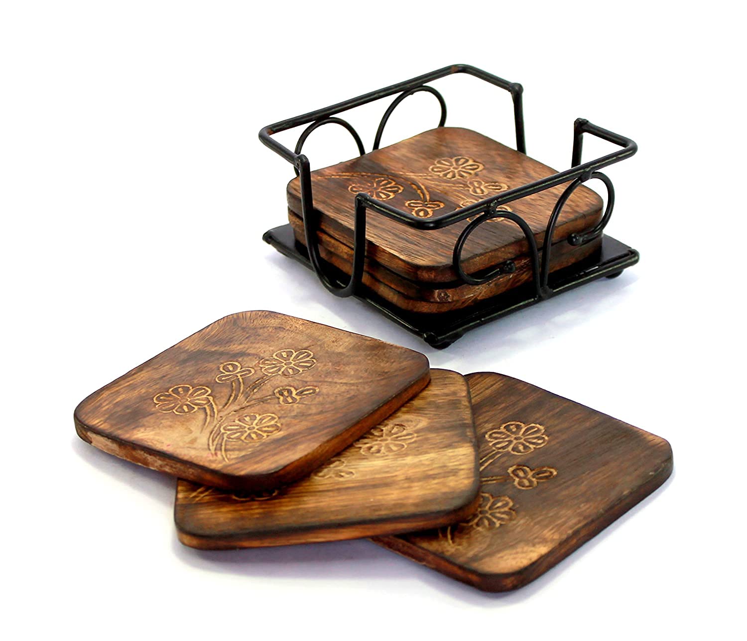 LyqArt Wooden Coaster Set of 6 - Natural Wood Drink Coasters for Coffee, Tea, Beer & Wine - Elegant Home & Office Table Decor for Dining, Bar & Living Room - Protect Furniture from Stains & Water Rings