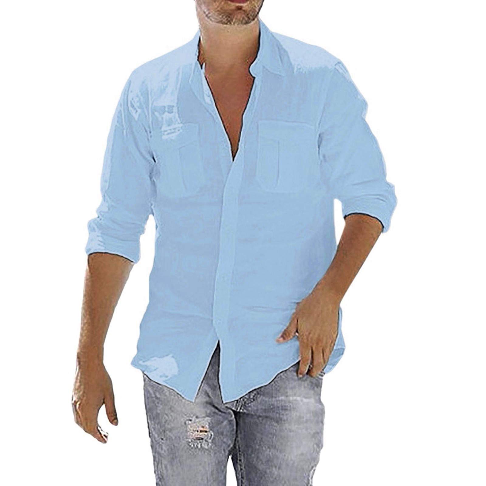 Vintage Men's Cotton Linen Long Sleeve Blouse with Pocket - Loose Fit Casual Shirt for Men | Perfect for Boho Style, Outdoor Adventures & Everyday Wear